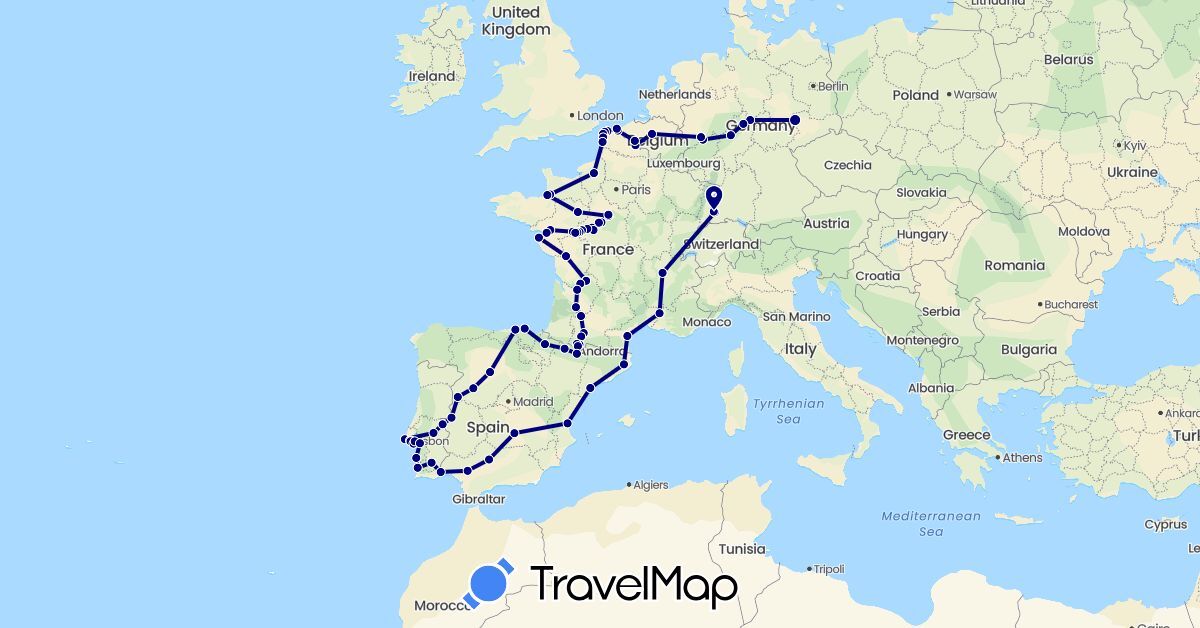TravelMap itinerary: driving in Belgium, Germany, Spain, France, Portugal (Europe)